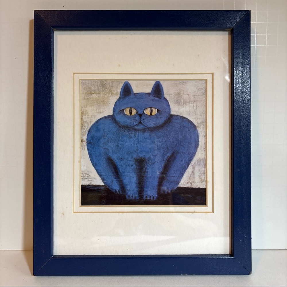 Blue Cat With Yellow Eyes Matted and  Framed Art Print, unknown artist